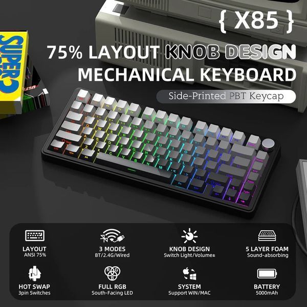 Механічна клавіатура Attack Shark X85 Gradient Black, Hot Swap, RGB, Bluetooth / 2.4 ГГц / USB 1421 фото