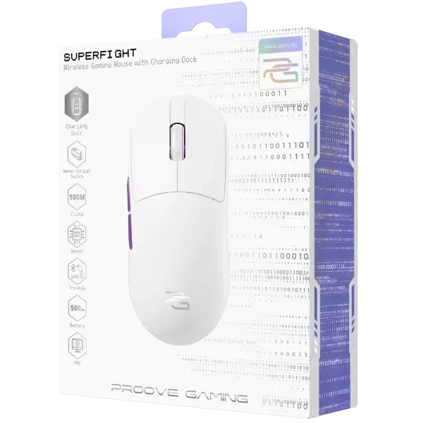 Бездротова миша Proove Gaming Superfight Wireless White Purple, з док-станцією, сенсор PAW3311, 22000 DPI, 1000 Гц, Bluetooth / 2.4 ГГц / USB 68583 фото